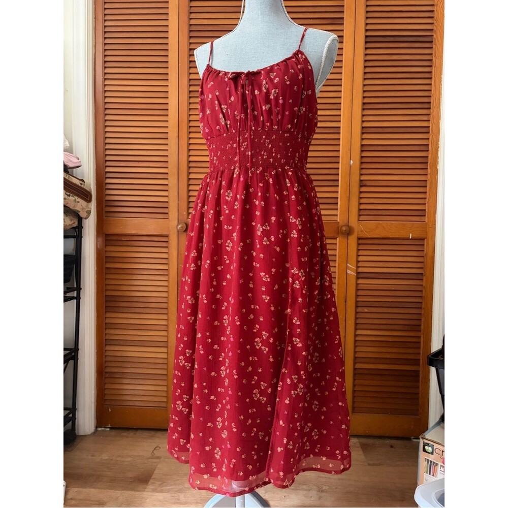 Red Dot Floral Chiffon Spaghetti Strap Cottagecore Midi Dress Patrons of Peace